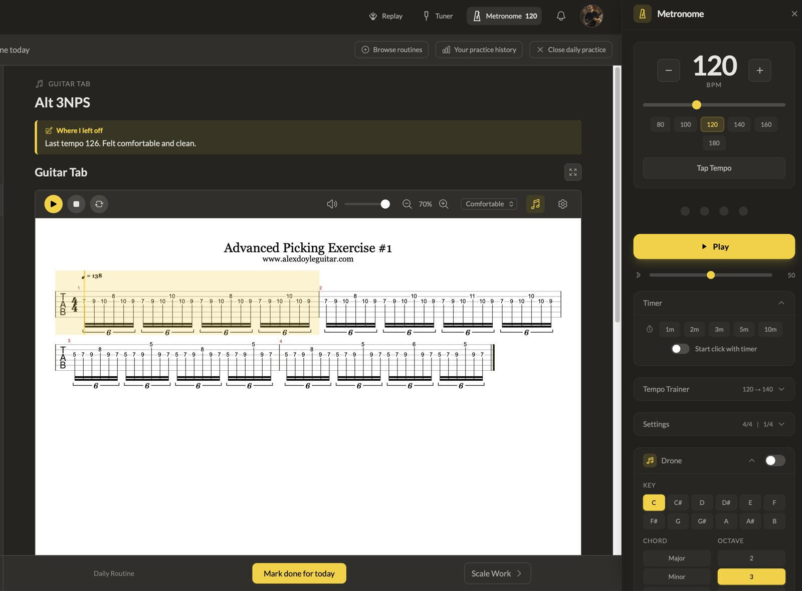 Guitar Pro tab playing in the ADG portal with the metronome, Tempo Trainer and chord drone panel open